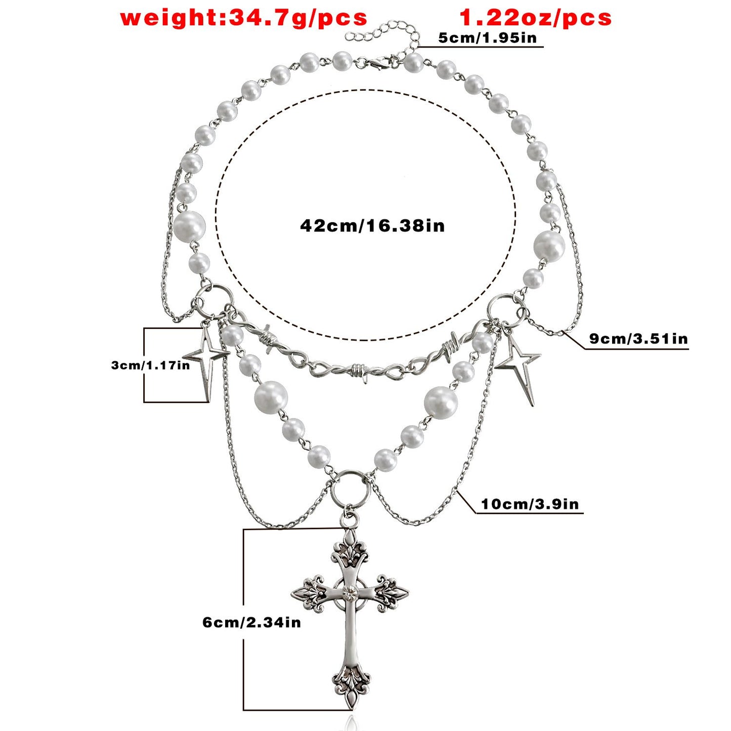 Jewelry niche design double-layer highlight pearl tassel cross star cross necklace female all-match