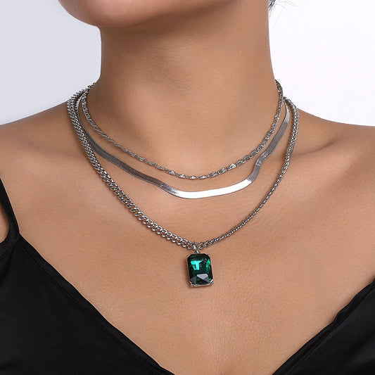 N1418 Simple Stacked Snake Bone Necklace Square Rhinestone Temperament Necklace Niche Commuting Fashion Necklace