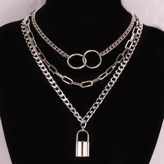 Jewelry Personality Ring Decorative Necklace Hip-Hop Rock Trend Padlock Accessories Multi-layer Set Chain