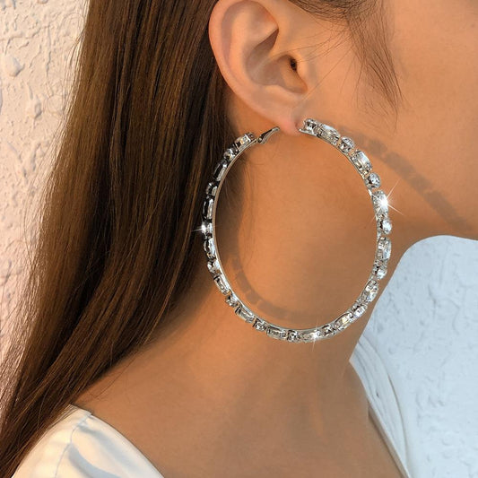 E1141 Exaggerated big circle earrings personality thin simple earrings full of diamond super flash temperament earrings female