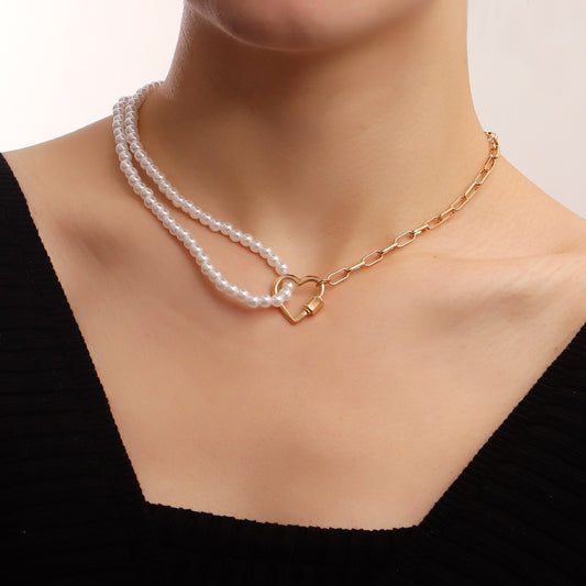 Jewelry ins creative imitation baroque pearl hollow love pendant necklace female necklace niche