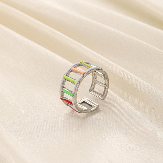 Fashionable high-level cold ins stainless steel opening color drop oil simple line ring
