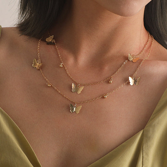 Jewelry Fashion Geometric Butterfly Pendant Necklace Female Simple Copper Bead Pendant Multilayer Necklace