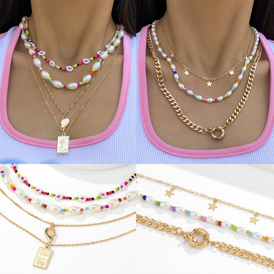 Vacation Colorful Flower Bead Necklace Female Simple Pearl Metal Tag Peach Heart Necklace