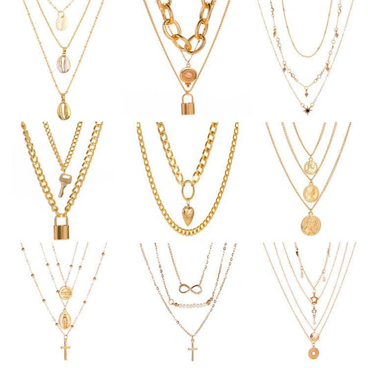 Retro Multilayer Necklace Creative Coin Love Lock Sweater Chain Metal Thick Chain Clavicle Chain Accessories