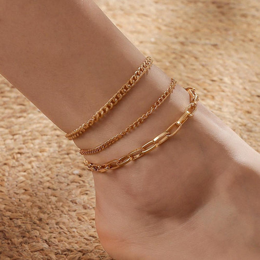 Personality Simple Gold Three-layer Metal Single Chain Anklet Versatile Fashion Temperament Foot Jewelry Female