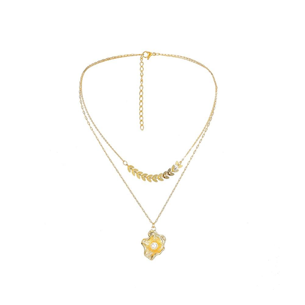Fashionable Titanium Steel Gold-plated Baroque Pearl Shell Pendant Elegant Small Fragrant Wheat Ears Double Layer Necklace
