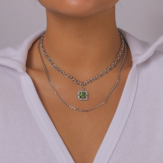 N129 Double Stacked Necklace Square Rhinestone Exaggerated Chain Necklace French Light Luxury Simple Necklace
