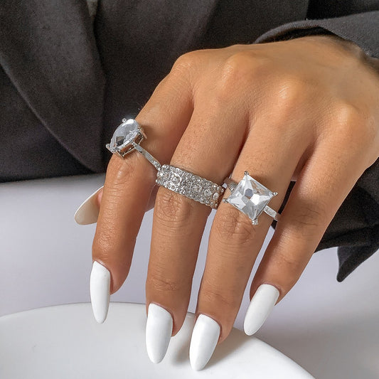 Jewelry temperament light luxury water drop gemstone ring set cold inlaid diamond open ring female