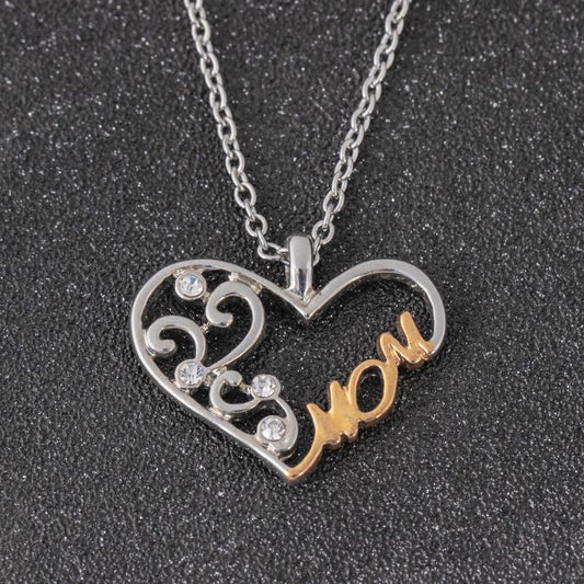 Fashion peach heart-shaped necklace mom letter hollow diamond pendant clavicle chain jewelry