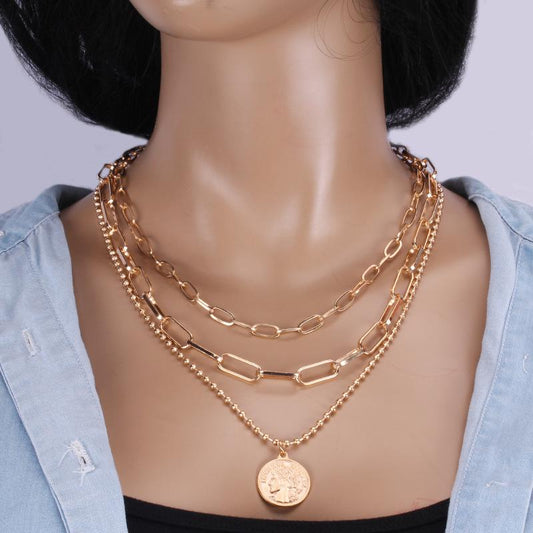 Temperament Metal Lamination Exaggerated Retro Portrait Coin Jewelry Trendy Temperament Hip Hop Metal Chain Clavicle Necklace