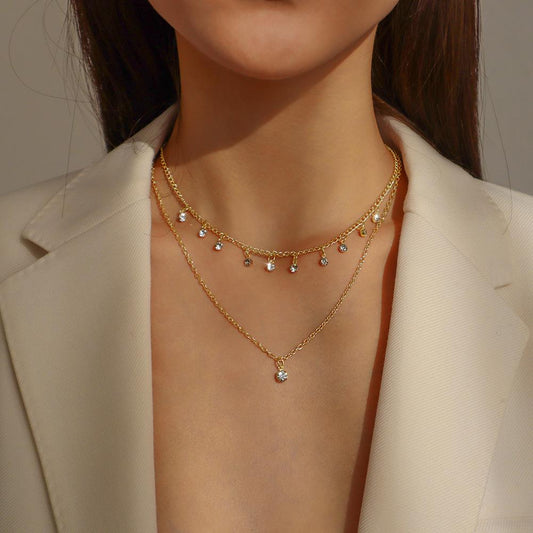 N98 Jewelry Fashion Temperament Diamond Double Layer Necklace Geometric Hong Kong Elegant Simple Necklace Women