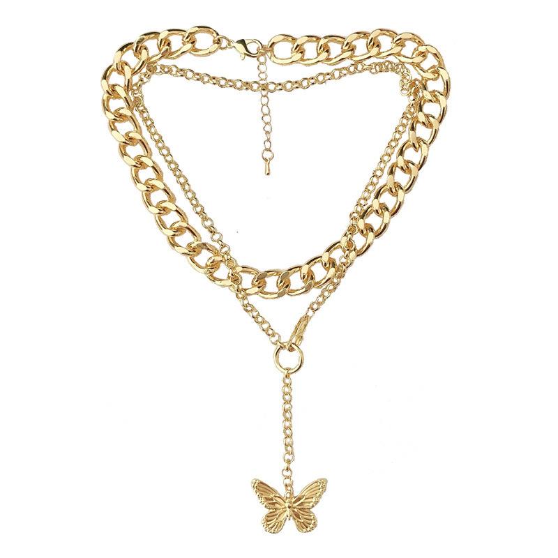 Fashion double thick chain necklace ins retro metal butterfly exaggerated personality chain hip-hop necklace