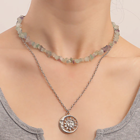 Jewelry double-layer simple natural green Dongling gravel pendant necklace female niche design necklace hot girl