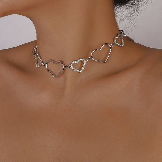N1158 Net Red Simple Clavicle Necklace Hollow Love Rhinestone Atmospheric Necklace Stitching Creative Necklace