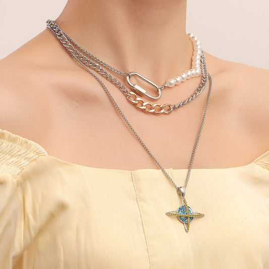 Jewelry personality design diamond planet universe necklace ins imitation pearl retro multi-layer sweater chain