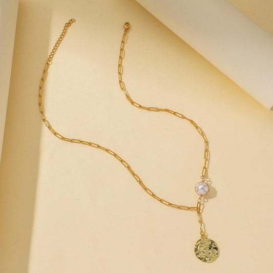 Popular French Retro Pearl Pendant Fashion Stainless Steel Cross Chain Rose Round Card Versatile Necklace for Women