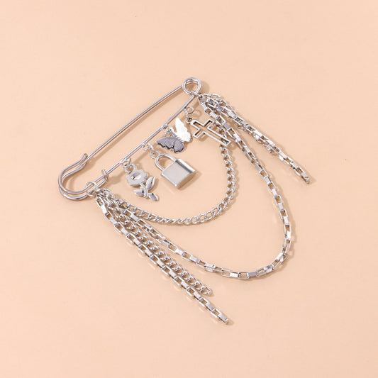 Jewelry multi-element lock cross brooch female retro trend metal chain pin accessories