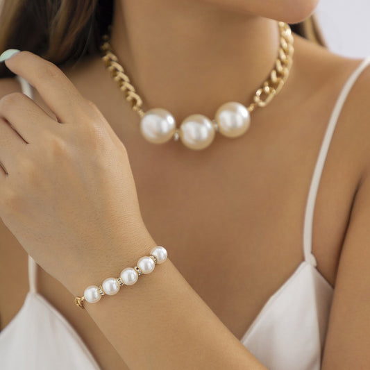 Jewelry Trend Geometric Thick Chain Hip-Hop Necklace Niche Personality Imitation Pearl Rhinestone Clavicle Chain