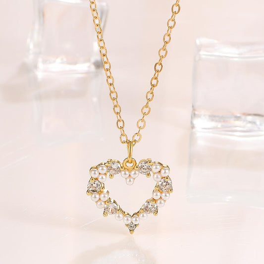 Ins Hollow Love Pearl Necklace Women's Fashion Light Luxury Niche Design Diamond Heart Pendant Clavicle Chain