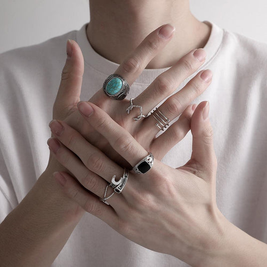 Simple Ins cold silver ring fashion personality men's blue turquoise wrench antlers multi-piece ring set