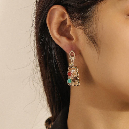 Retro Pearl Color Diamond Colorful Gravel Earrings Temperament Light Luxury Square Earrings Jewelry