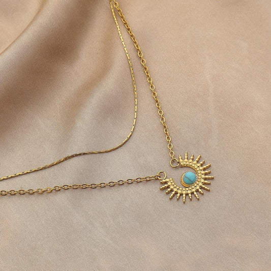 Personality creative stainless steel gold double gold wire chain sun turquoise pendant titanium steel necklace female