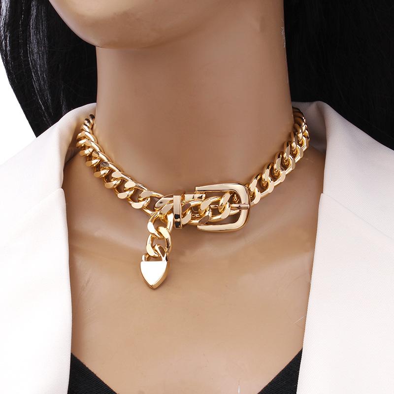 Jewelry Personality Thick Chain Belt Buckle Clavicle Necklace Hip Hop Trend Metal Geometric Necklace