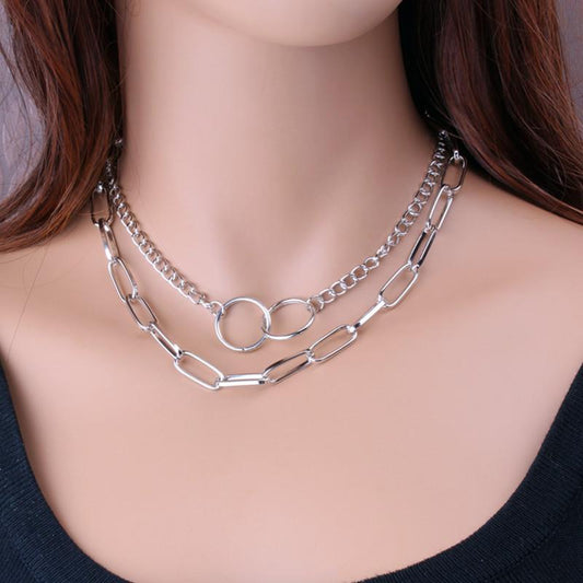 Jewelry Punk Retro Geometric Ring Chain Necklace Female Clavicle Chain Versatile Double Layer Set Chain