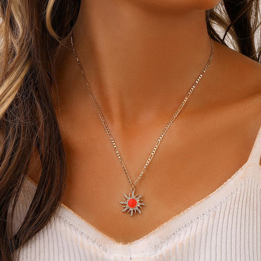 Personality fashion simple high-end light luxury niche style ladies red sun dripping oil pendant necklace neck chain