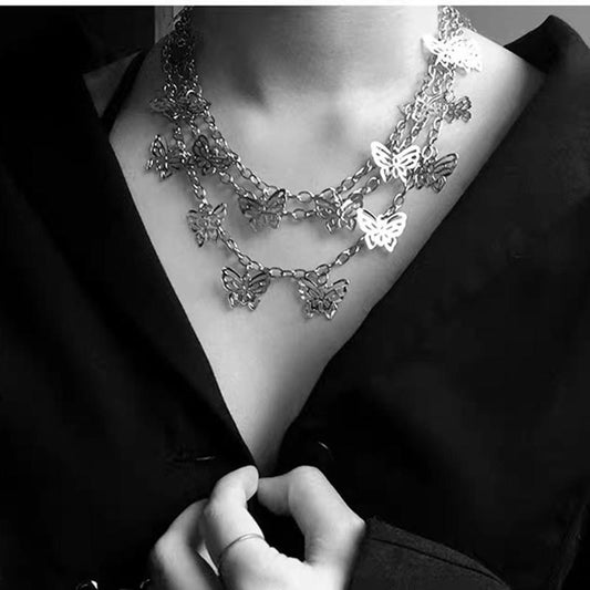 Butterfly pants chain girl jeans with multi-layer necklace chain bouncing disco cool girl necklace