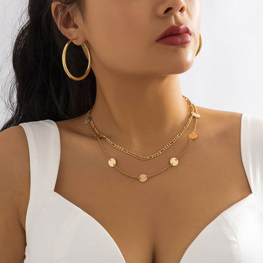 Jewelry Hip Hop Hollow Metal Clavicle Necklace Simple Geometric Double Layer Sequin Chain Necklace Women