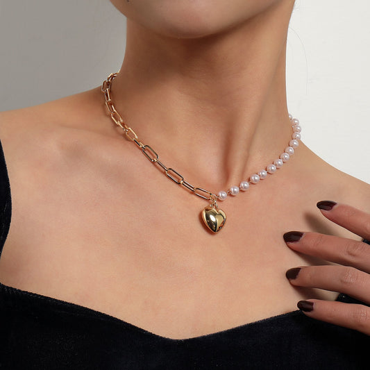 Jewelry Stereo Glossy Peach Heart Pendant Necklace Asymmetrical AB Style Pearl Small Hole Chain Necklace