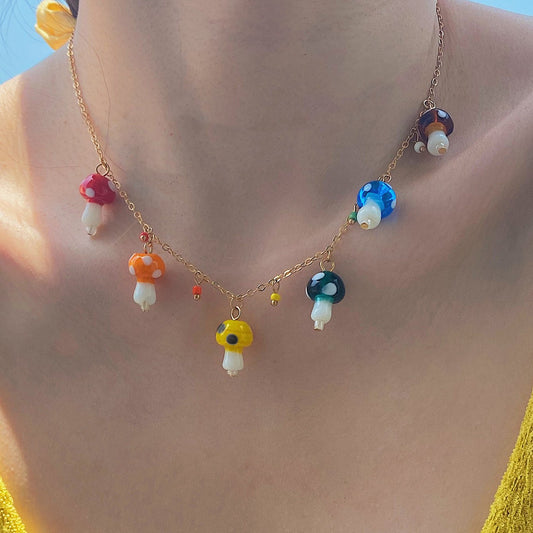 Sweet and simple colorful small mushroom pendant necklace female trendy hip-hop metal thin chain necklace