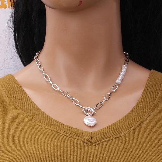 Jewelry Retro Metal Irregular OT Buckle Chain Necklace Versatile Pearl Advanced Sweater Chain