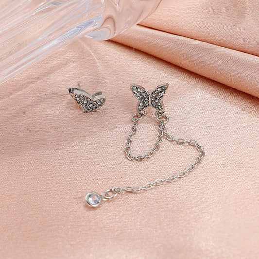 Ins cold asymmetric butterfly earrings Dongdaemun micro-inlaid zircon tassel earrings fashion earrings