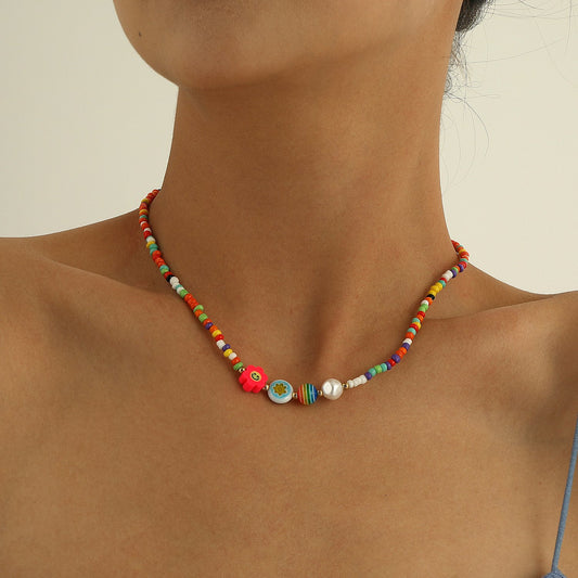 Jewelry color soft pottery smiling face glazed pearl necklace female simple geometric fashion trendy money jewelry