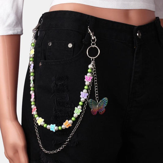 Butterfly pants chain jeans with pearl accessories double chain bouncy disco punk