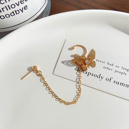 ins simple one-piece butterfly ear clip retro long tassel earrings elegant temperament earrings jewelry female