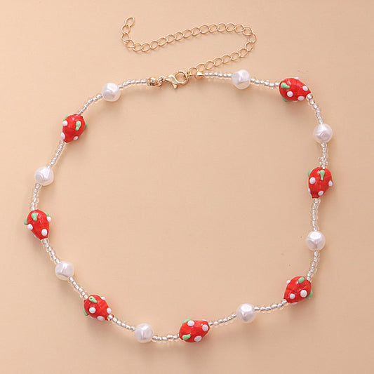 Jewelry Short Rice Bead Pearl Necklace Stained Glass Strawberry Shape Women's Necklace