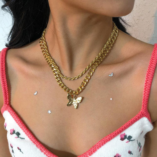 N9341 Exaggerated Double Layer Necklace Female Hip Hop Personality Thick Chain Necklace Creative Butterfly Pendant Necklace