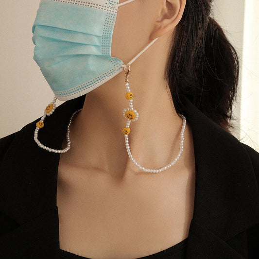 Cute smiling face pearl mask hanging chain necklace fresh sun flower acrylic smiling glasses chain