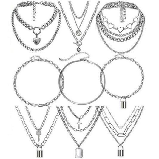 Accessories Fashion Chain Cold Necklace Multi-element Geometric Peach Heart Temperament Necklace Set Chain