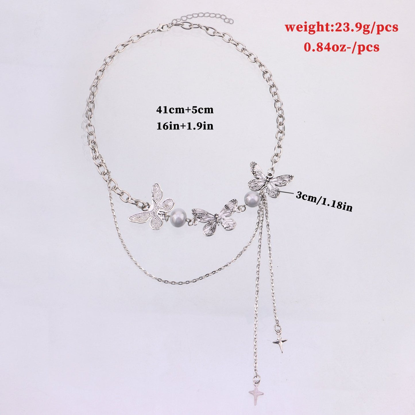 Jewelry Trendy Luminous Pearl Three Butterfly Necklace Women's Double Tassel Cross Star Pendant