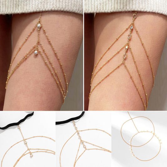 Jewelry Sexy Beach Imitation Pearl Body Chain Simple Sexy Star Rhinestone Tassel Thigh Chain