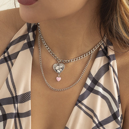 Jewelry Punk Drip Oil Chain Double Layer Necklace Retro Heart Shaped Portrait Embossed Tassel Necklace Female