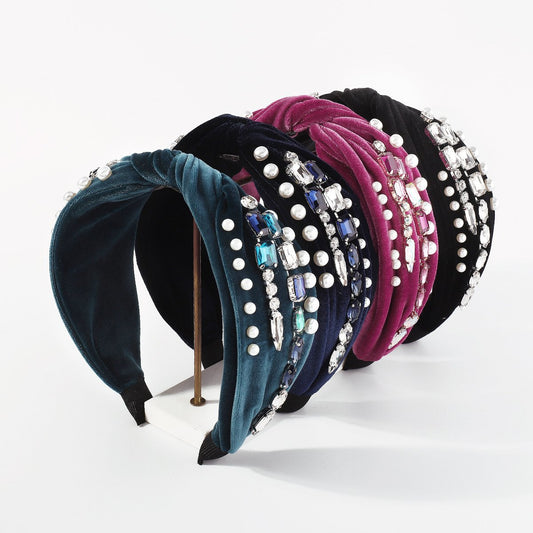 F4892 autumn and winter hair accessories corduroy rhinestone imitation pearl headband light luxury temperament knotted headband female