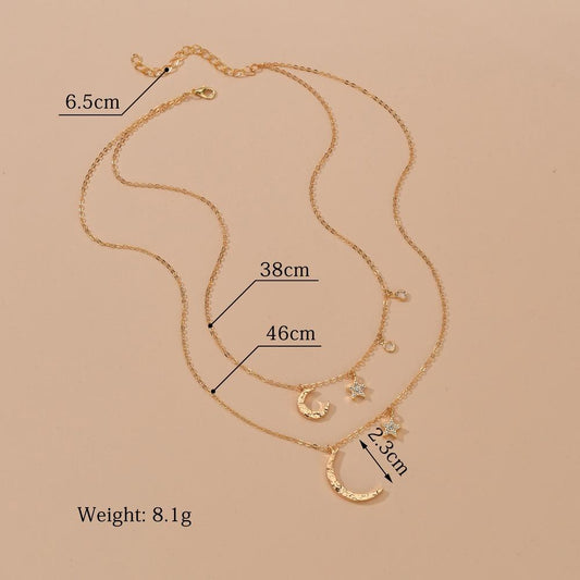 Vintage Rhinestone Star Moon Pendant Necklace Fashion Multilayer Necklace Ladies Jewelry