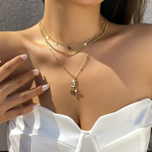 Jewelry Retro Sequin Metal Necklace Mix and Match Long Rose Pendant Chain Multilayer Necklace Women
