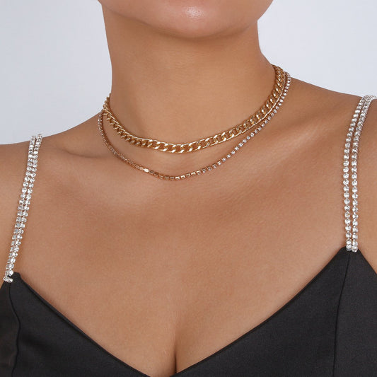 126 simple double-layer stacked necklace rhinestone claw chain cold personality necklace retro street style necklace